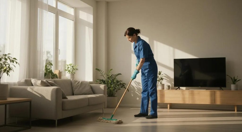 A professional cleaner meticulously cleaning a sunlit living room with eco-friendly supplies