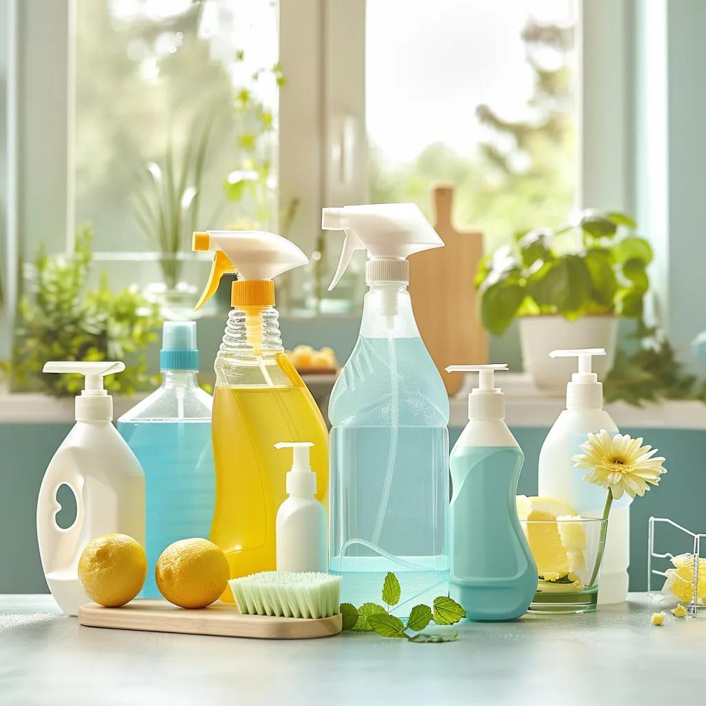 Eco-friendly cleaning products arranged in a bright kitchen, promoting a healthier home environment